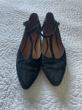 Poppy Barley Black T-Strap Pointed Suede Flats